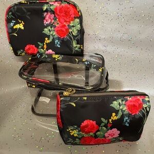 3 pc. Black & Floral (1 clear bag) Cosmetic Bag Set